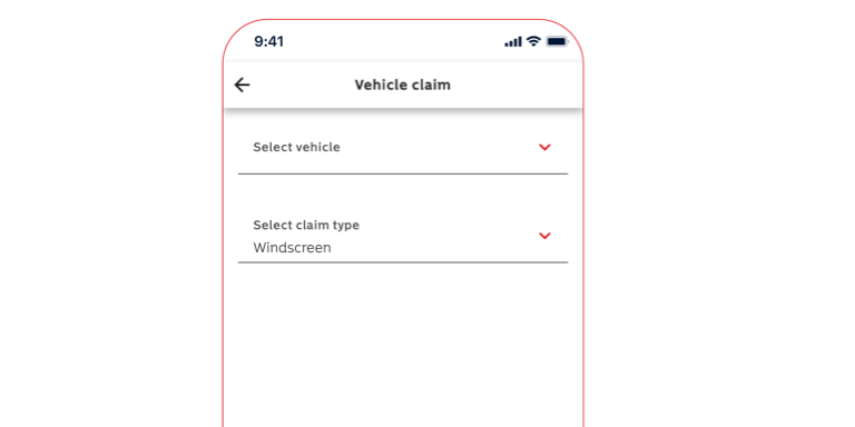 Momentum mobile app interface displaying a vehicle claim submission screen with dropdown menus.
