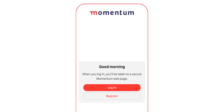 Momentum app dashboard showing a personalised greeting, Safety Returns info, and policy portfolio summary.