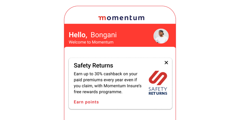Momentum mobile app login and registration screen with red call-to-action buttons.