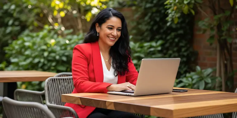 A smiling female professional on her laptop at an outdoor table, showing how Momentum Traditional emails keep policy information accessible and secure from anywhere.
