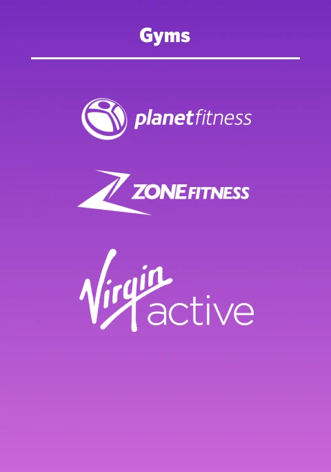 A purple banner with the logos of Momentum Multiply's  sports and fitness partners, which include New Balance,  Virgin Active, Planet Fitness, Garmin, and Fitbit.