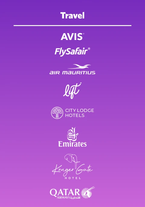 Logos of the travel and entertainment category of various Momentum Multiply rewards partners, including Airlink, Flysafair and Numetro.  