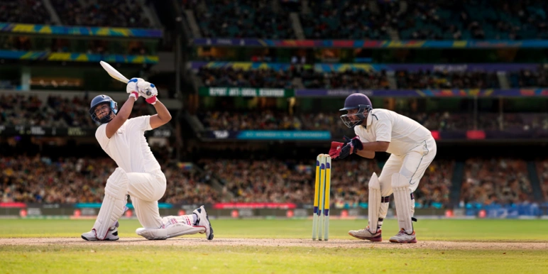 A cricket batter sends the ball soaring high over the boundary for a six, symbolising a powerful, game-changing move, like a single lump sum that significantly boosts retirement savings.