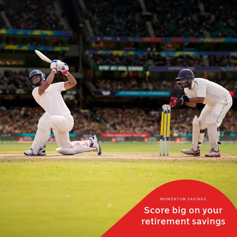 A cricketer in action, symbolising a powerful, game-changing move, like a once-off lump sum that significantly boosts retirement savings.