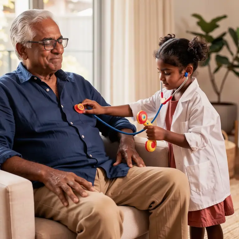 Smiling elderly Indian man sitting on a couch while his young granddaughter plays doctor with a stethoscope, confident that he has enough retirement savings to cover unexpected healthcare costs.