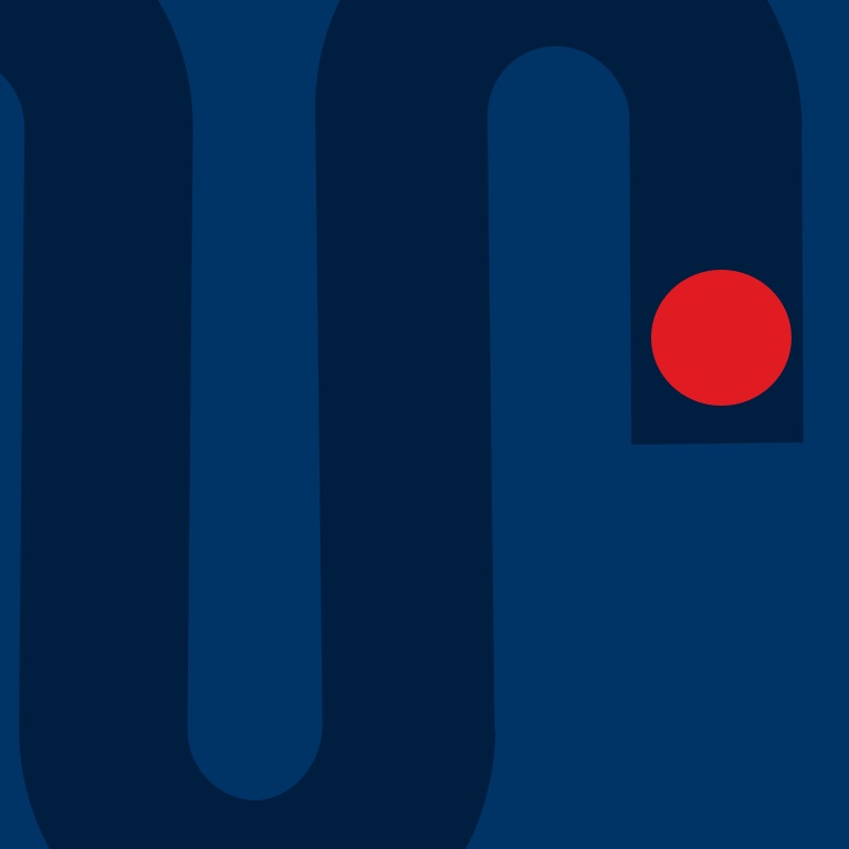 Abstract image of a dark blue curve on a blue background symbolizing a life journey, with a red spotlight marking its end. 