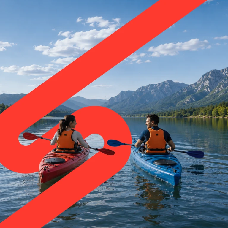 A couple kayaking on a calm lake toward scenic mountains, symbolising financial security and freedom that comes with long-term saving. 
