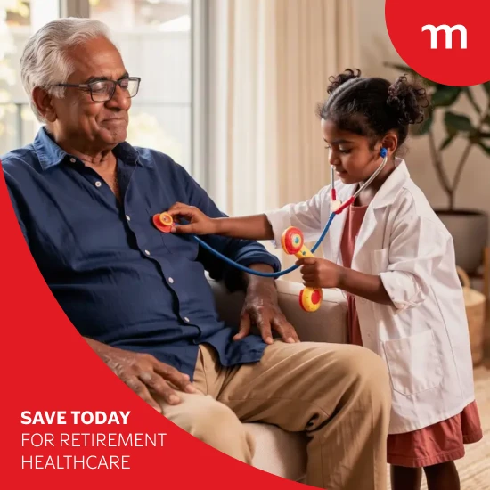 Smiling elderly Indian man sitting on a couch while his young granddaughter plays doctor with a stethoscope, confident that he has enough retirement savings to cover unexpected healthcare costs.