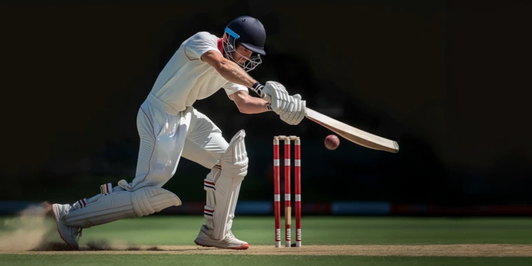 A cricketer striking a ball with powerful force, dust trailing behind the swing to represent the momentum a lump sum top-up can create in boosting retirement savings.