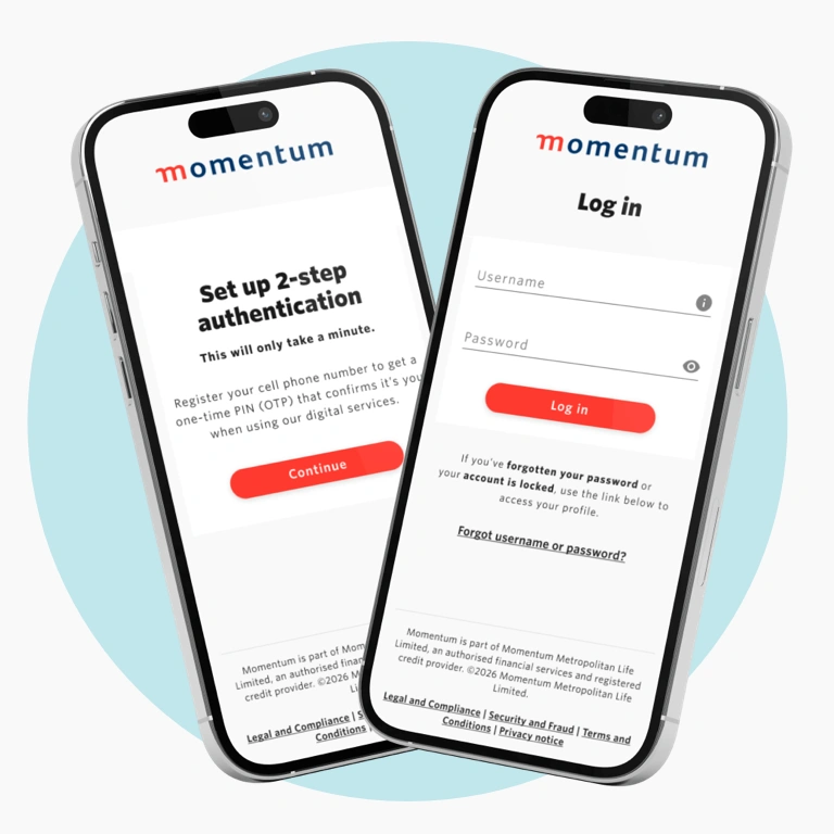 A log in screen and multi-factor authentication screen on the Momentum App, displayed on a cell phone.