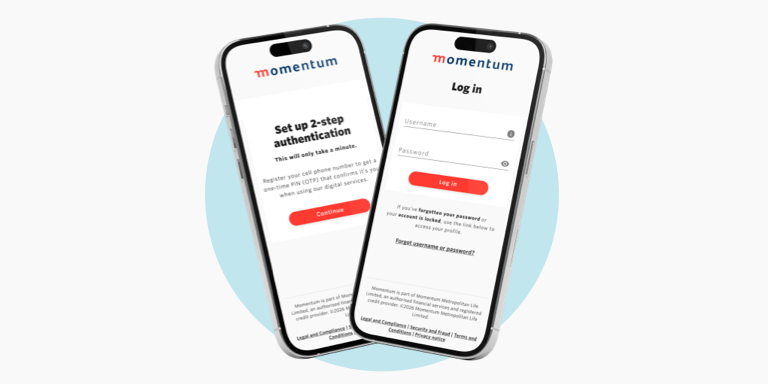 A log in screen and multi-factor authentication screen on the Momentum App, displayed on a cell phone.