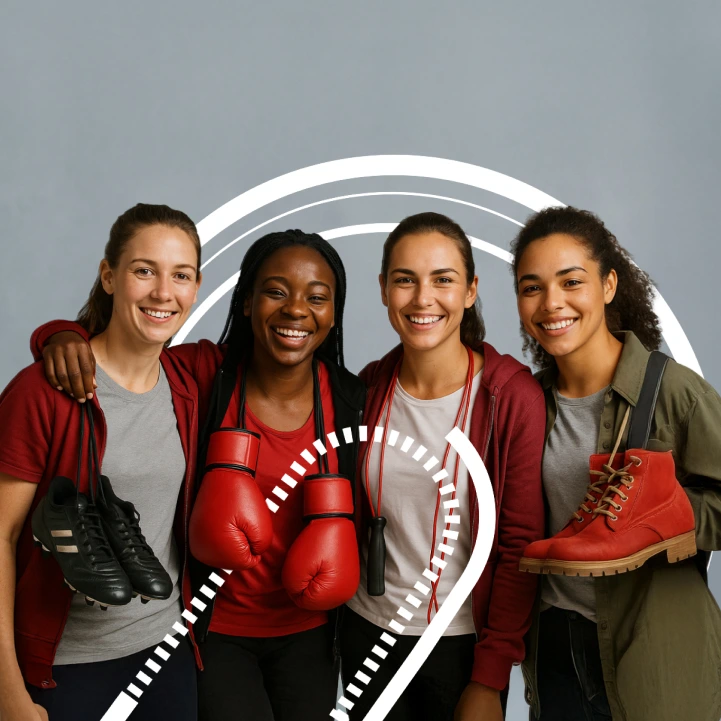 A group of four professional sportswomen, wearing casual clothing and carrying their sports equipment such as boxing gloves and soccer boots.