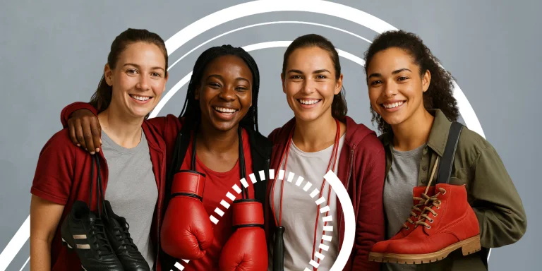 A group of four professional sportswomen, wearing casual clothing and carrying their sports equipment such as boxing gloves and soccer boots.