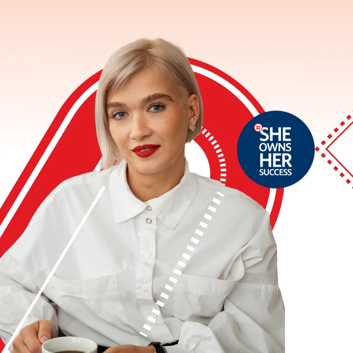 Confident white woman in her 30s, wearing a white shirt and red lipstick, smiles boldly embodying Momentum’s She Owns Her Success persona.