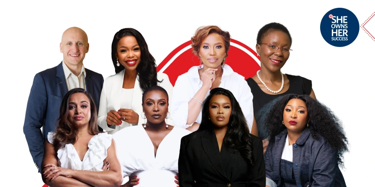 An image showing some of the #SheOwnsHerSuccess 2025 workshop speakers who include Nozipho Tshabalala, Samke Mhlongo, Mohau Polo Leteka, Zandi Nhlapho, Ntando Zikalala, Rorisang Thandekiso and Tracey Lange as hosts.