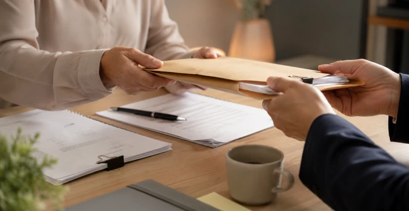 Close-up view of two professionals at a wooden desk exchanging a brown Manila folder containing clipped paper documents, with contract paperwork, a coffee mug, and a notebook visible in the foreground.