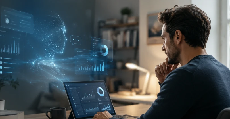 A man working on a laptop at home, viewing financial charts and digital analytics alongside an AI-generated financial interface.