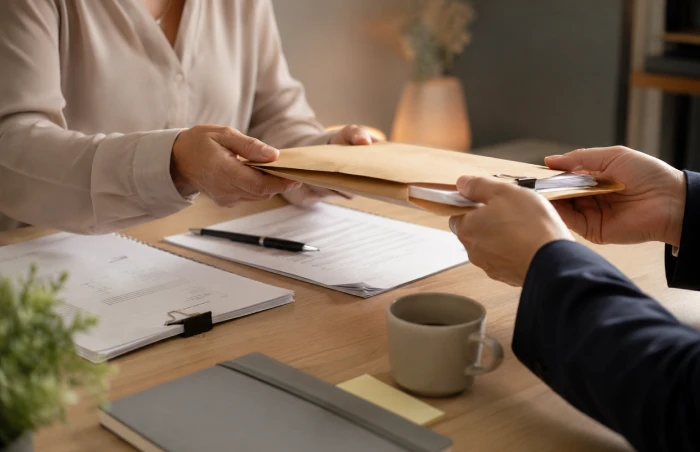 Close-up view of two professionals at a wooden desk exchanging a brown Manila folder containing clipped paper documents, with contract paperwork, a coffee mug, and a notebook visible in the foreground