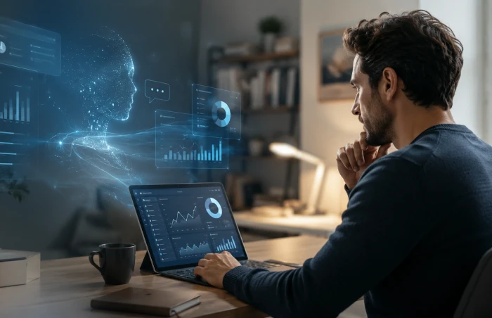 A man working on a laptop at home, viewing financial charts and digital analytics alongside an AI-generated financial interface.