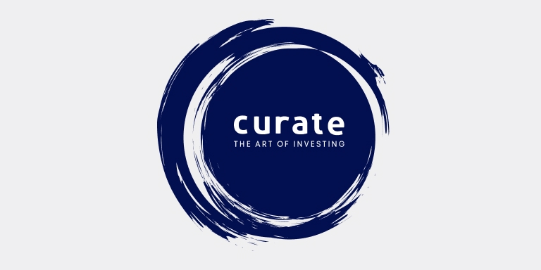 “curate” logo in white lowercase lettering with the tagline “THE ART OF INVESTING,” centered inside a dark navy circular brushstroke design on a light gray background.