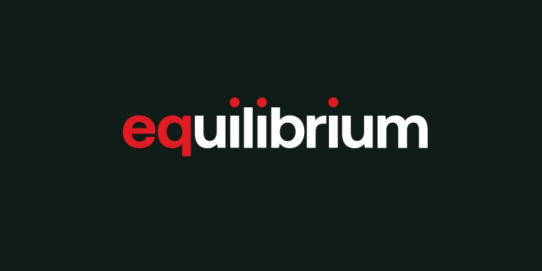  “equilibrium” logo in lowercase, with “e” and the dot above the “i” in red and the remaining letters in white, centered on a dark green-black background.