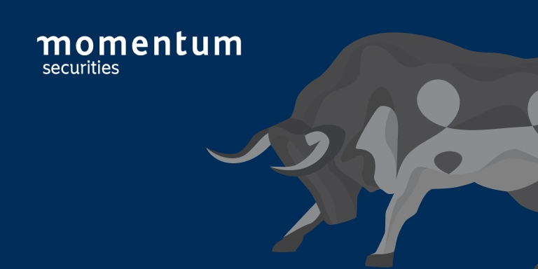 Momentum Securities logo in white on a dark blue background, alongside a large stylized gray charging bull illustration.