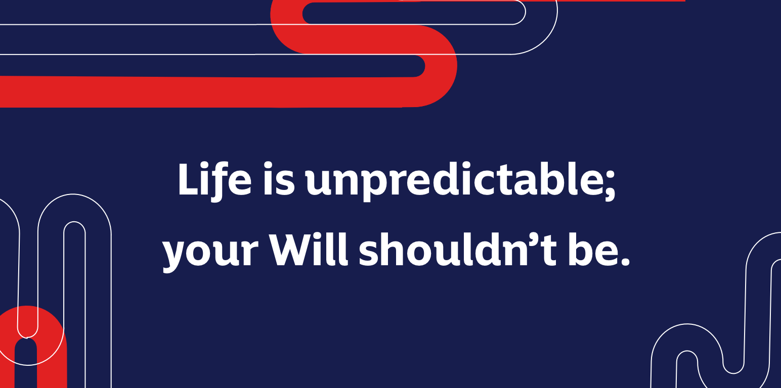 A Momentum branded image with a blue background and red and white curve borders with white text about their Will drafting service.